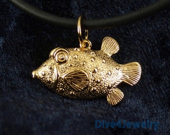 Cute Puffer Fish Necklace Sterling Silver Gold Plated Trunk box fish Pendant marine sealife beach ocean scuba diver necklace