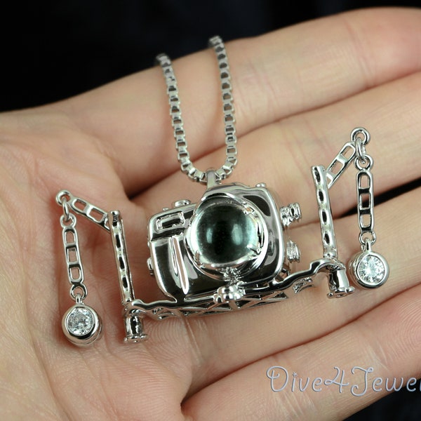 3D Underwater Camera Housing with Dome Port and Cz Strobe Arms Rare Incredible Design Pendant Necklace