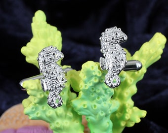 Pygmy Seahorse Cufflinks in Solid 925 Sterling Silver Rhodium Plated Baby sea horse Men suit accessories jewelry Nautical Sealife