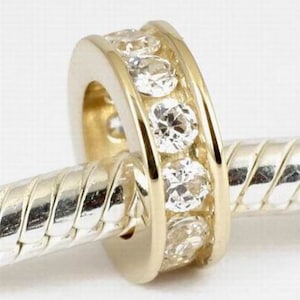 Peut inclure: Un charm doré avec une rangée de pierres précieuses rondes et transparentes. Le charm est circulaire et repose sur un bracelet en métal argenté torsadé. Les pierres précieuses sont espacées uniformément et scintillent.