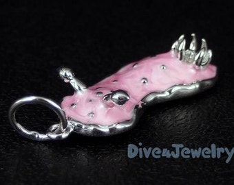 Sea Slug Necklace Nudibranch Solid 925 Sterling Silver Pink Swirl Enamel Nudi Pendant Necklace Scuba diving jewelry diver ocean lover gift