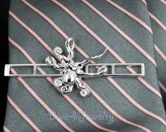 Octopus Tie Clip in Solid 925 Sterling Silver Rhodium Plated tie bar Suit and tie accessories men jewellery