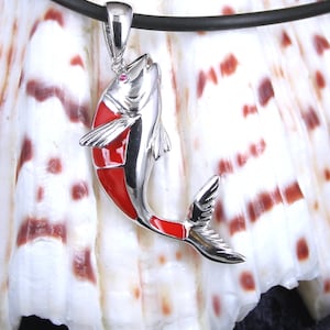 Fish Necklace  Big Red Fish with Ruby Eye Sterling Silver Pendant  fishing hunting ocean Nautical necklace