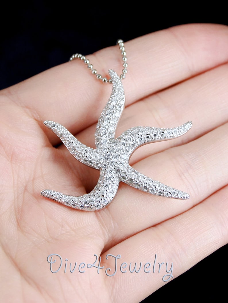 CZ Starfish Necklace Sterling Silver Large Sea Star Pendant Necklace ...
