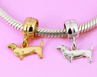 Dachshund Dog Charm Solid 925 Sterling Silver with Rhodium / Vermeil Gold Sausage Dog Puppy Pet Animal Charm Bead fit Bracelet or Chain