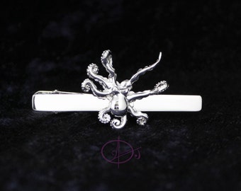 Octopus Tie Clip in Solid 925 Sterling Silver Rhodium Plated tie bar Suit accessories men jewellery gift Beach wedding party