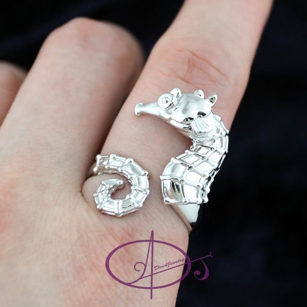 Seahorse Ring in Solid 925 Sterling Silver Size Adjustable Sea Horse Ring Ocean Sealife Marine Nautical Beach Scuba Diver jewelry gift