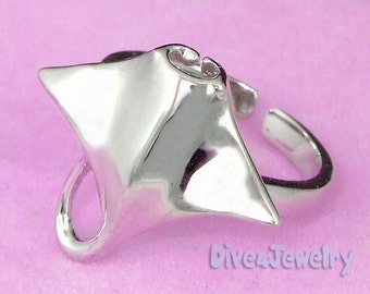 Anillo Manta Ray en sólido 925 plata esterlina Rhodium plateado anillo de banda abierta tamaño ajustable Ocean Beach Sealife Diver Manta anillo