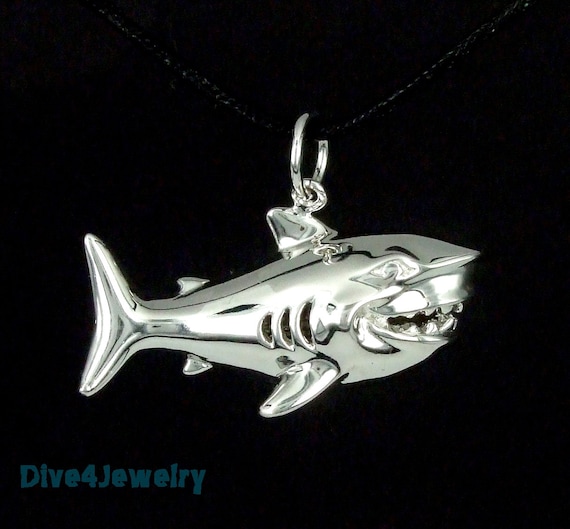 Great White Shark Sterling Silver 3D Bruce Shark Pendant with Black Neoprene Cord Necklace Ocean Beach Boy Gift