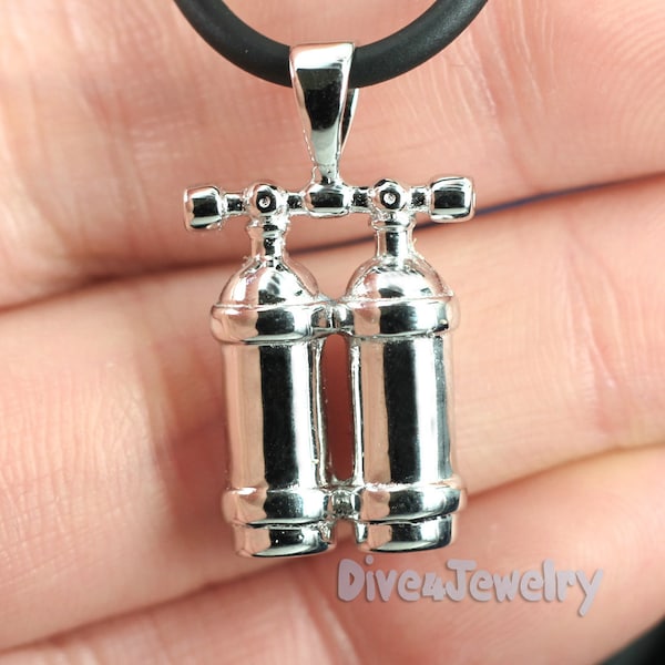 Dive tank Necklace Solid 925 Sterling Silver 3D Scuba Diving Twin Tanks Pendant Necklace deep diving gear charm