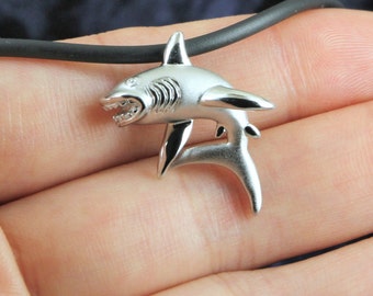 Shark Pendant Necklace Sterling Silver Rhodium plated Matte Satin Shark Pendant Ocean Beach Diver Cool Jewelry gift