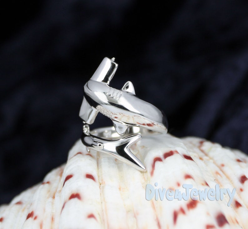 Hammerhead Shark Ring Sterling Silver Shark ring Size Adjustable Stylish Scuba Diver wrap ring summer ocean Beach Sealife nautical gift image 3