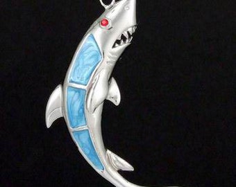 Great White Shark Pendant in Soild 925 Sterling Silver Sky Blue Enamel Shark  Pendant With Necklace 