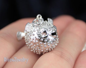 Puffer Fish Necklace Sterling Silver 3D Pufferfish Pendant Necklace Marine Beach Ocean blow Fish Necklace Scuba diver Jewelry gift