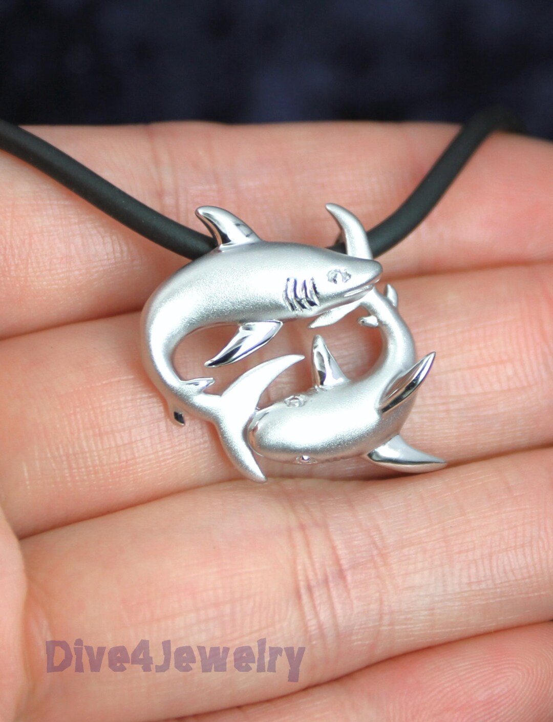 Shark Necklace Satin Sterling Silver Circling Sharks Love Pendant Necklace  Scuba Diving Diver Stylish Cool Marine Sealife Jewelry Gift 