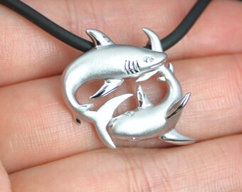 Shark Necklace Satin Sterling Silver Circling Sharks Love pendant Necklace Scuba diving diver stylish cool Marine Sealife jewelry gift