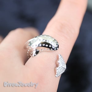 Whale Ring in Sterling Silver Rhodium plated whale shark ring Size Adjustable 3.5 to 11 Ocean inspired jewelry Beach party diver gift