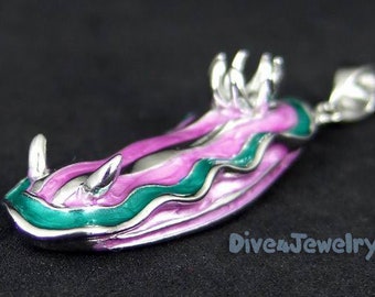 Nudibranch Necklace  Sea Slug Necklace  Sterling Silver Colorful Purple and Green Enamel Nudi Pendant Necklace