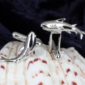 Great White Shark Cufflinks in Sterling Silver Rhodium plated 3D Shark cufflink Shark jewellery men cufflinks men fashion image 1