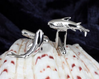 Gran tiburón blanco Cufflinks en plata esterlina Rodio plateado 3D Shark cufflink Shark joyería hombres cufflinks moda