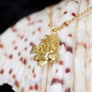 K&ouml;nnte beinhalten: Eine goldene  L&ouml;wenfisch-Anh&auml;nger-Kette an einer goldenen Kette. Der Anh&auml;nger ist detailliert und realistisch, mit Flossen und Schuppen. Die Kette wird auf einer wei&szlig;en Muschel mit braunen Markierungen gezeigt.