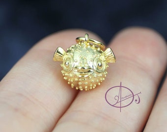 Little Puffer Fish Charm Sterling Silver Gold Plated 3D Pufferfish Pendant with Necklace Ocean beach sealife charm Cute gift for her