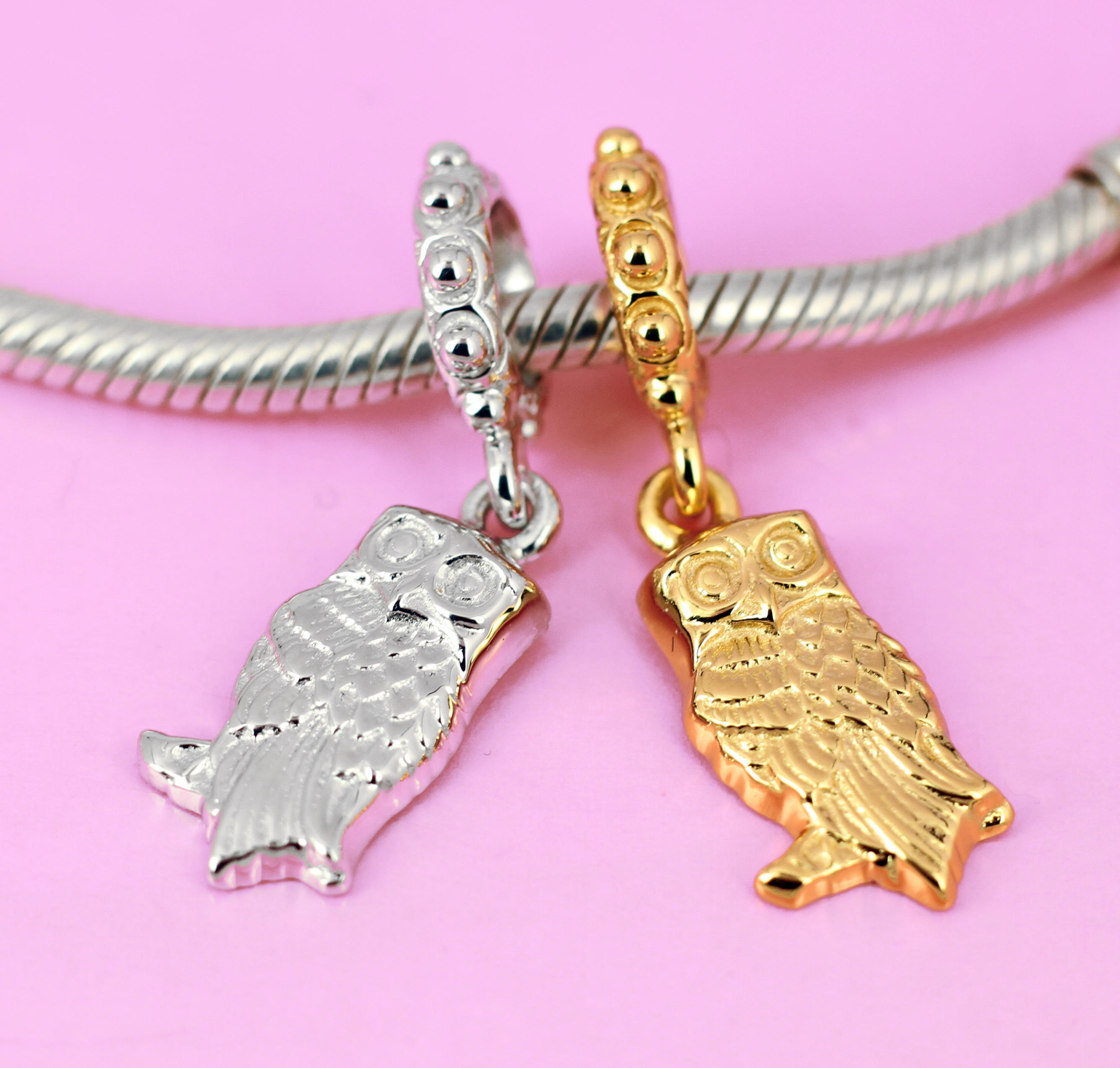 Owl Bird Charm  Solid 925 Sterling Silver  Rhodium   Vermeil Gold  Owl Bird Pendant  for Bead Bracel