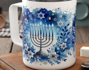 Taza de viaje para Hanukkah / Taza de café para la festividad judía, Festival de las Luces (10 oz)