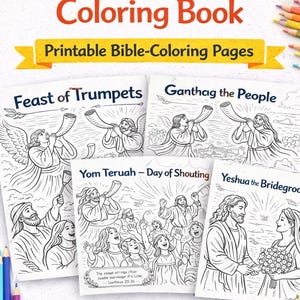 May include: A collection of printable Bible-themed coloring pages titled "Feast of Trumpets Coloring Book." The pages feature line drawings of biblical scenes, including people blowing trumpets and other religious imagery. Colored pencils are visible.
