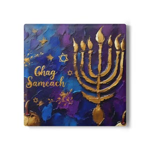 May include: Square artwork with a textured, abstract background in shades of blue and purple. A gold menorah is featured on the right, with the words "Chag Sameach" in gold lettering. Gold stars and floral accents complete the design.