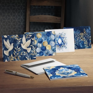 Set di 5 biglietti d&#39;auguri Judaica blu e oro - Biglietti per le festività ebraiche con buste / Biglietti per Hanukkah, Shabbat e occasioni speciali