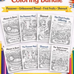 May include: A collection of 28 scripture-based colouring pages. The pages illustrate scenes from the Bible, including Passover, Unleavened Bread, and Shavuot. The title "Spring Feasts Coloring Bundle" is displayed in green and red.