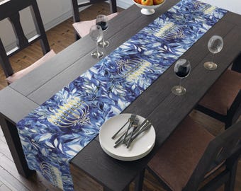 Elegante camino de mesa de Hanukkah de algodón, decoración floral para la menorá