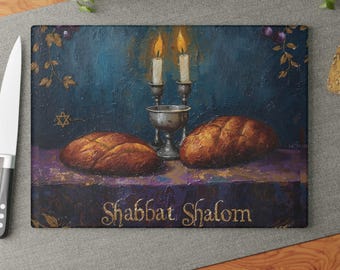 Shabbat Shalom Glass Cutting Board – Jewish Kitchen Decor, Challah & Candles