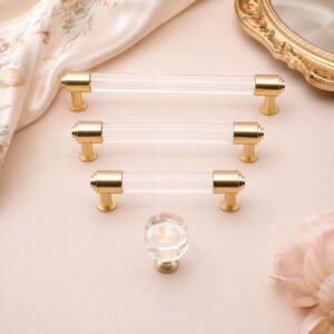 Clear Acrylic Cabinet Pulls and Knobs, Brass Lucite Drawer Handles, Modern Gold Cabinet Hardware, Kitchen Dresser Wardrobe Pull