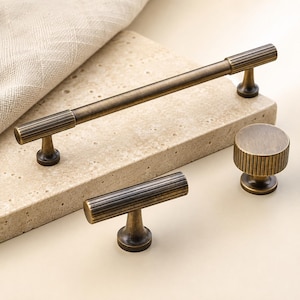 Antique Brass Cabinet Pulls, Fluted Drawer Handles, Ribbed Cabinet Knobs, T Bar Pulls, Vintage Kitchen Dresser Hardware
