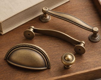 Antique Brass Cabinet Hardware, Vintage Beaded Drawer Pull, Cup Pull & Knob, French Style Dresser Handle, Furniture Hardware