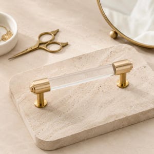 Clear Acrylic Cabinet Pulls, Brass Cabinet Handles, Lucite Drawer Pulls, Modern Gold Kitchen Hardware, Dresser Vanity Handles