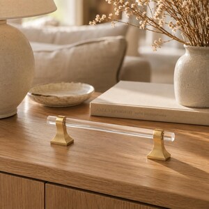 Clear Acrylic Cabinet Pulls, Brass Gold Drawer Handles, Lucite Cabinet Hardware, Modern Kitchen Dresser Wardrobe Pulls