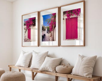 Wandkunst 3er Set Griechenland Reisedruck, rosa Tür Wandkunst, mediterrane ästhetische Fotografie, Küstendruck, Druck der griechischen Insel