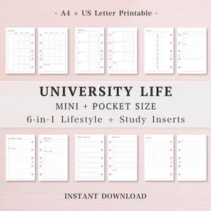 Uni Life Planer Bundle, Mini Tascheneinsätze, A4 Letter druckbar, Studenten Akademische, monatliche wöchentliche tägliche Notizen, 6-in-1 Set