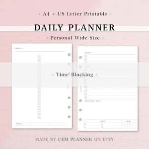 May include: A printable daily planner with the text "DAILY PLANNER" and "Time Blocking". The planner includes sections for "TODAY", "PRIORITY", "TO DO", "BRAIN DUMP / NOTES", "MEALS", and "WATER". The text "MADE BY CEM PLANNER ON ETSY" is also visible.