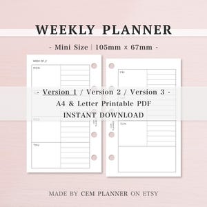 Planificador semanal | Mini planificador sin fecha | 3 versiones | Cuadrícula, Rayado, Páginas en blanco | Tareas pendientes, Comidas, Listas | Semana en 2 páginas | Imprimible en A4 y Carta | PDF | 044