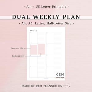 Planificador semanal doble, tamaño carta A4, A5, media carta, diseño dividido, vida universitaria vs. vida personal, paquete académico para estudiantes, recarga minimalista en PDF.