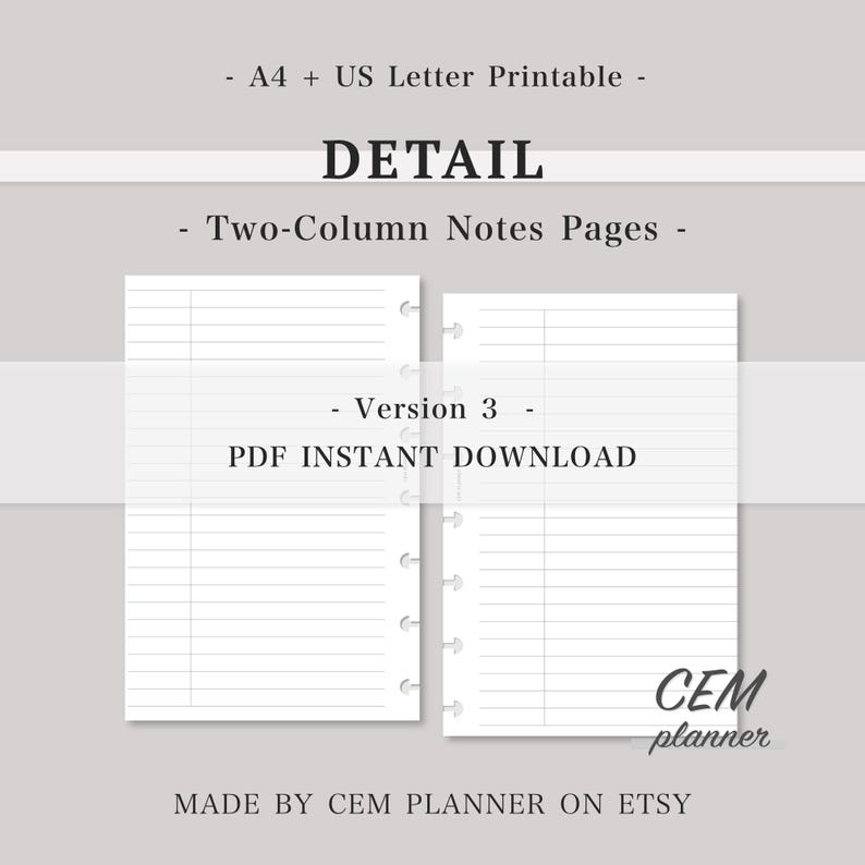Juego de notas básicas sencillas – Insertos para miniplanificador HP｜Cuadrícula de 5 mm, dos columnas, rayado de 7 mm, punto de 3 mm｜Plantilla de estudio｜A4, tamaño carta (PDF imprimible)｜60 imagen 4
