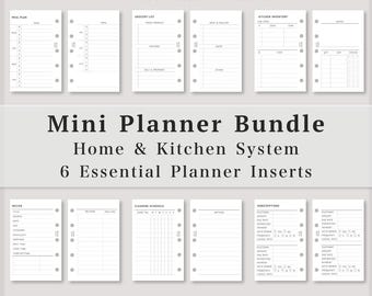 Mini M5 Druckbare Planereinlagen, Haushalts- und Küchen-Bundle, Wochenmenüplan, Einkaufsliste, Kücheninventar, Rezeptblatt, Reinigungsplan
