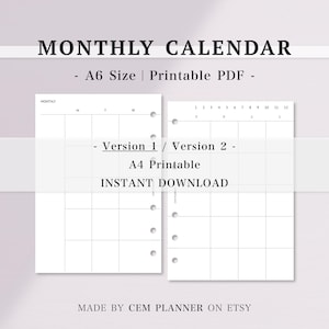 Minimalist A6 Monthly Planner Inserts｜Undated Calendar｜A4 printable｜2 versions｜A6 Layout Template｜Digital Download PDF｜88