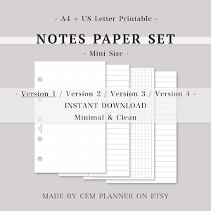 Einfaches Notizpapier Set｜Mini 5 Ringe｜5 mm Gitter, zweispaltig und liniert, 3 mm Punkt｜Memo Notizen Vorlage｜A4, US Letter druckbare Einlagen｜038