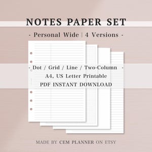 Basic Notes Paper Set｜Personal Wide｜Grid, Dot, Lined, Two-Column｜Casual, Memo Notes Template｜A4, US Letter Printable Inserts｜PDF Download｜54