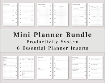 Mini-Planer-Einlagen, 6 essentielle Produktivitätsfunktionen, Wochenaufgaben, Prioritätenmatrix, Projektverfolgung, Besprechungsnotizen, Brainstorming, Tagesrückblick, PDF